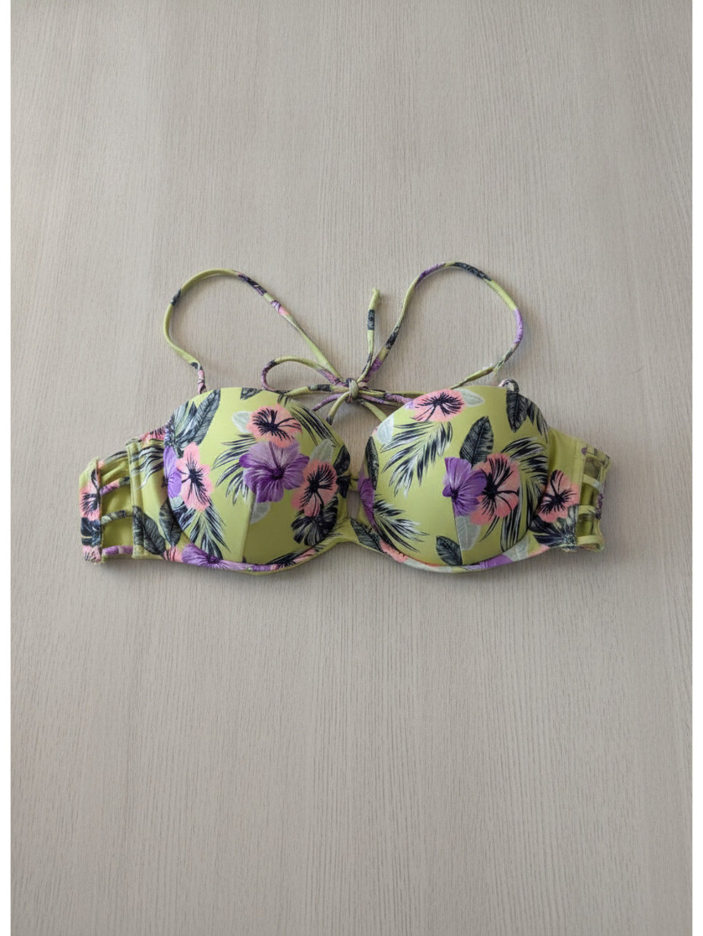 Ardene Yellow Floral Bikini Top with Purple and Pink Hibiscus Flowers, Size L
